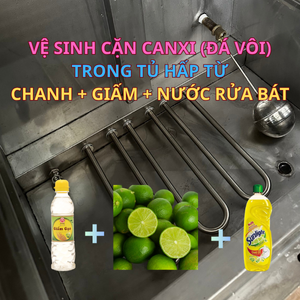 vệ sinh cặn canxi trong tủ hấp từ chanh, giấm, nước rửa bát